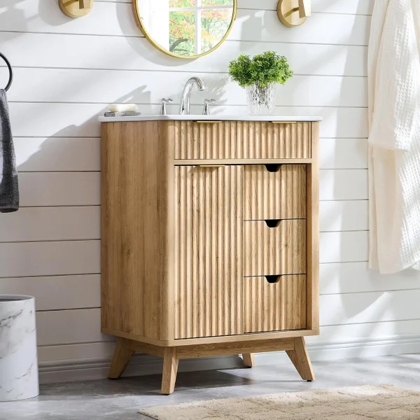 24" Fluted Freestanding Bathroom Vanity with Ceramic Sink Combo with Sliding Door