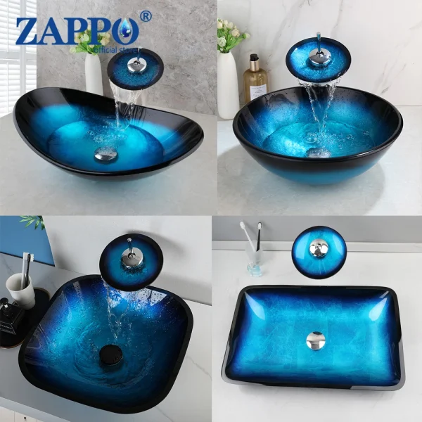 Tempered Glass Bathroom Vessel Sink with Waterfall Black Faucet Tap