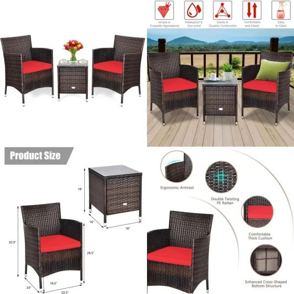 Outdoor Wicker 3-Piece with Table, 2 Chairs, and Cushions