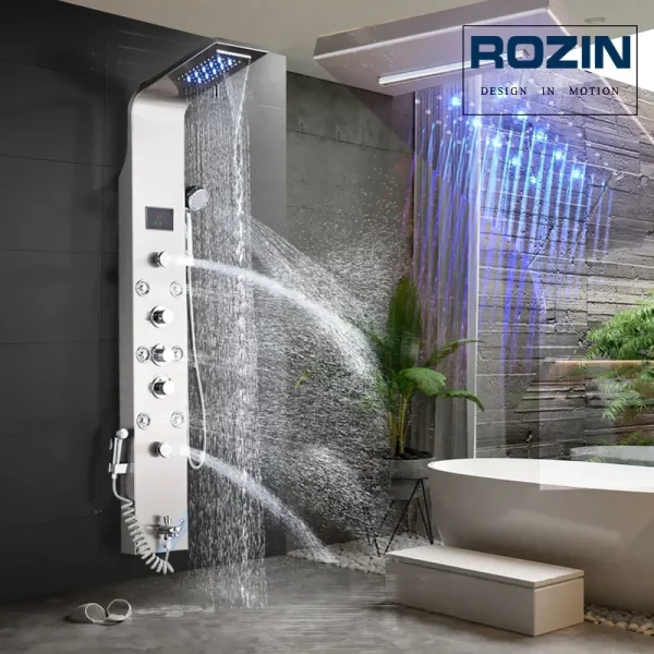 LED Light Bathroom Shower Panel with Intelligent LCD Shower Column System with 6 Jet Modes Tap