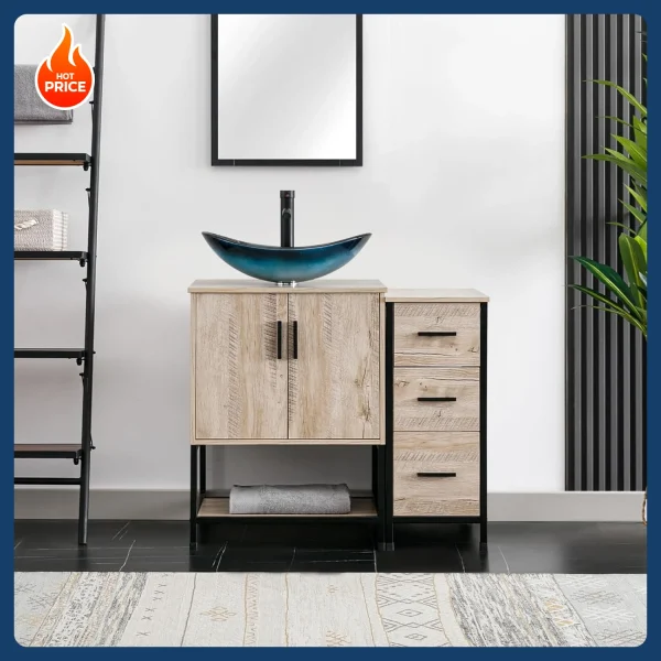 36" Bathroom Vanity Sink Combo Cabinet With Bottom Shelf, Storage, Side Cabinet, Blue Boat Sink & Water Saving Faucet