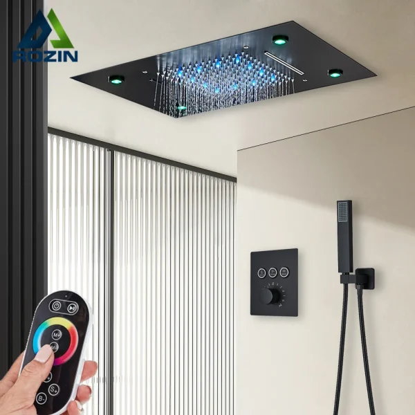 Black or Gold Thermostatic Bathroom Shower &  Faucet Set With Remote LED Rainfall Head
