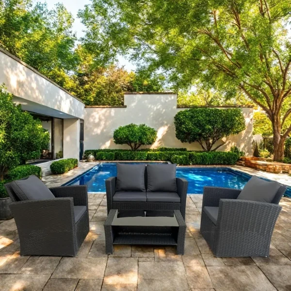 4-Piece Wicker Patio Furniture Set With Cushioned Sofa, 2 Chairs and Coffee Table