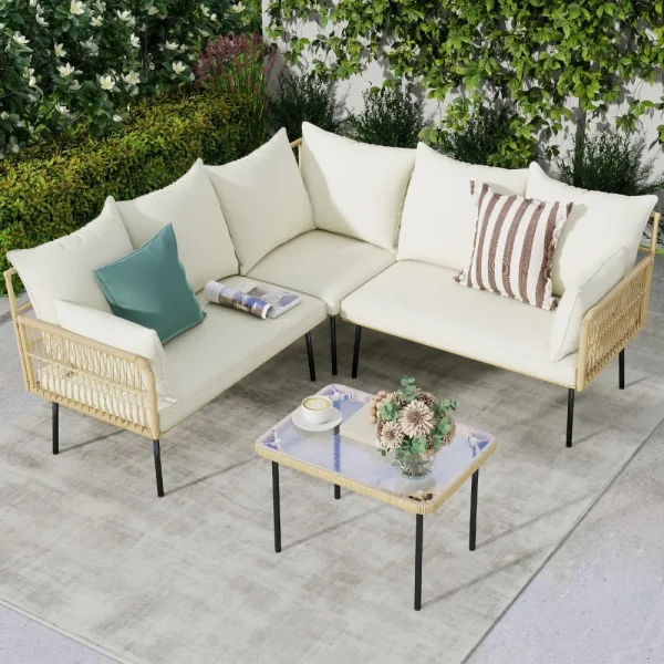4-Piece Boho Wicker Patio Set with Cloud Cushions