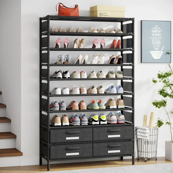 10 Tier Shoe Rack Organizer with 4 Bins Drawers Will Store 32 Pairs of Shoes