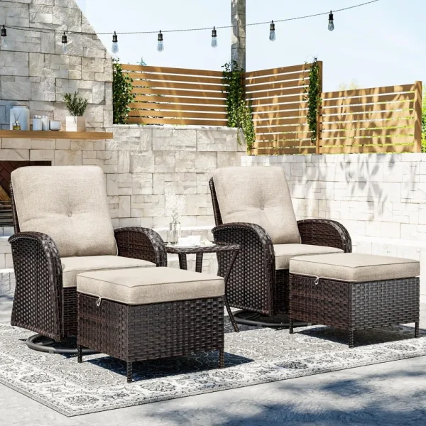 Wicker Patio Furniture Set Includes 2 Thick Cushion Rocking Swivel Chairs with Ottomans and End Table