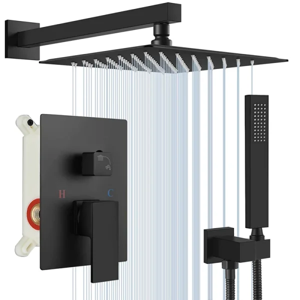 Black Concealed Rain Waterfall Shower System With Embedded Shower Faucet Set