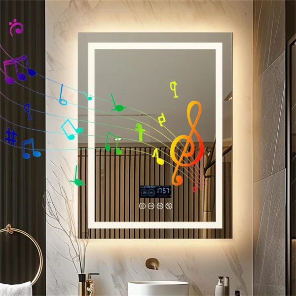 Smart LED Bathroom Rectangle Mirror With Bluetooth Speaker, Time, Temperature, Light Memory, Front & Backlit & Anti-Fog