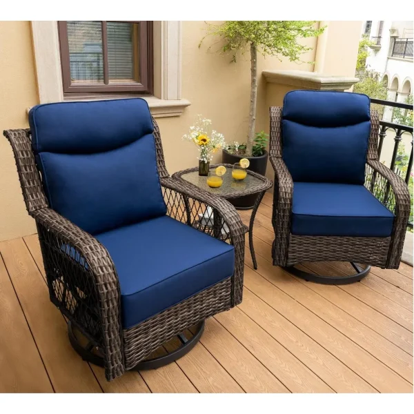 2 Outdoor Wicker Swivel Rocker Chairs with Extra Thick Cushions and Rattan Side Table